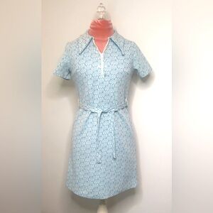 Vintage Rare Knit Mini Belted Shirt Dress Blue Patterned